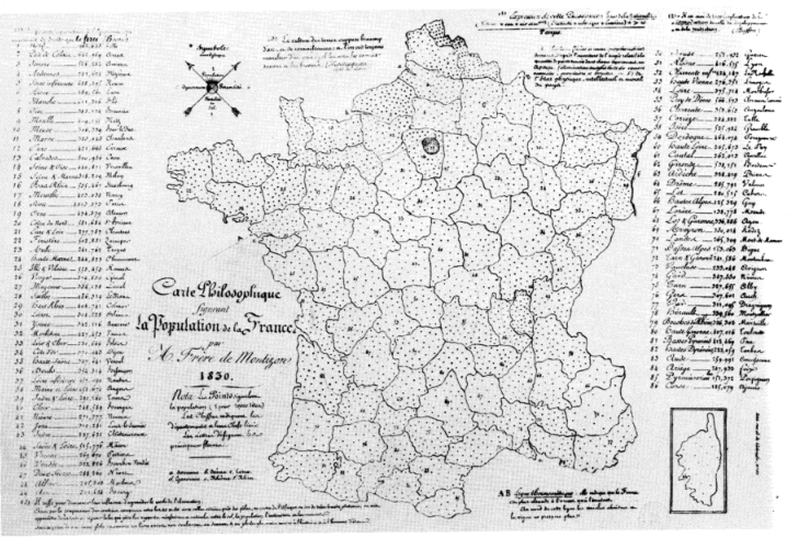 the earliest dot density map, produced by Frère de Montizon in 1830