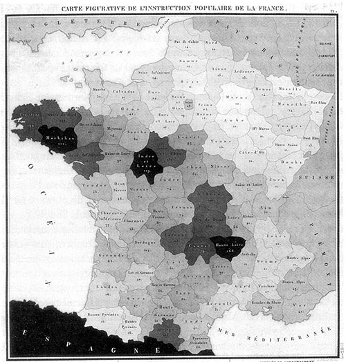 the earliest choropleth map, produced by Charles Dupin in 1826