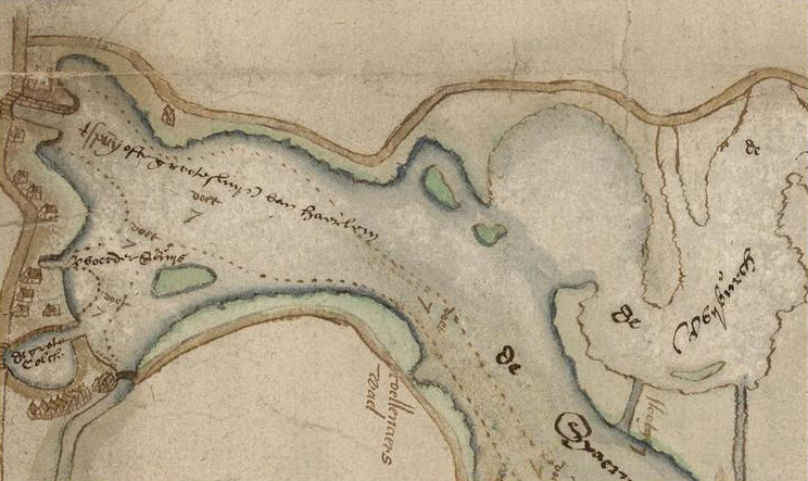 detail of the earliest known isoline or contour map, produced by Pieter Bruinsz in 1584
