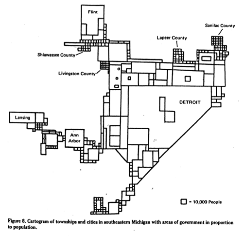 A rectangular cartogram of population in southeastern Michigan by William Bunge