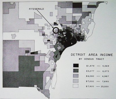 The Fitzgerald neighborhood highlighted on a map of Detroit income
