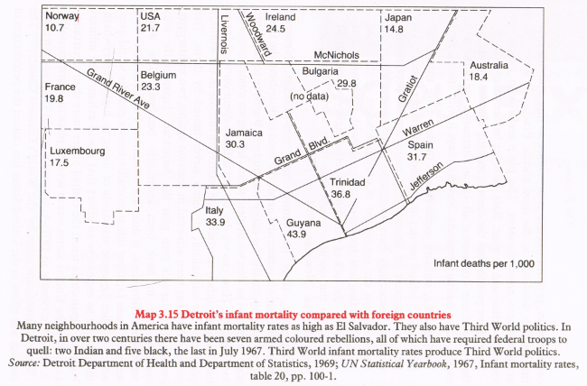 Map 3.15 (Detroit's Infant Mortality Compared with Foreign Countries) from William Bunge's Nuclear War Atlas